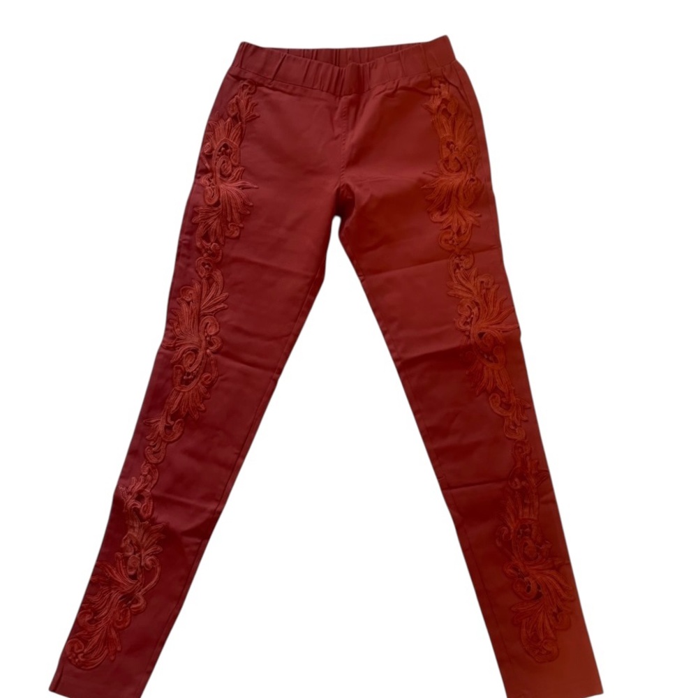Pretty Angel Red/Orange Floral Embroidered Skinny Stretch Pants,Medium,New - Picture 3 of 5